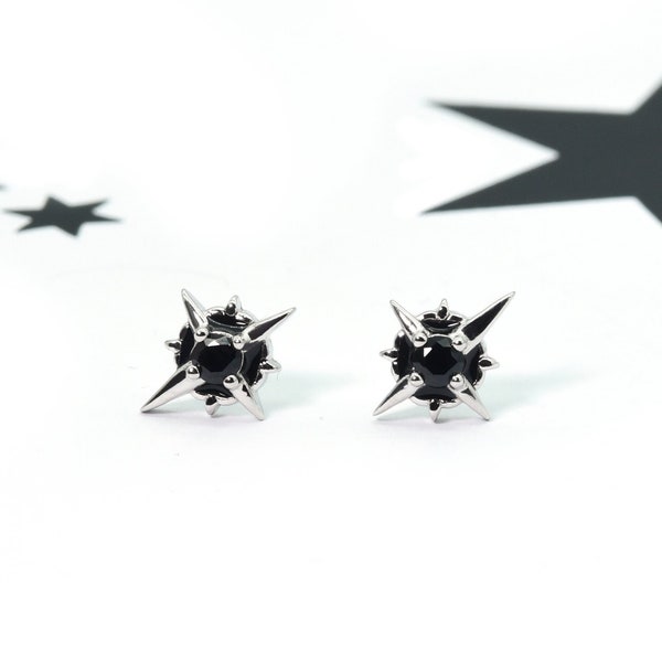 CZ Spike Star Stud Earrings Silver 925 | Black Zircon Stud Earrings | Unique Silver Earrings | Gothic Earrings, Zirconia Studs, Goth Jewelry