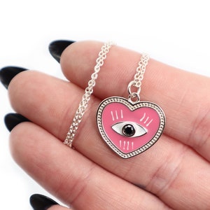 Unique Enamel Eye Heart Necklace Silver 925 Evil Eye Necklace Heart Pendant All Seeing Eye Necklace Statement Necklace, Gift for her image 1