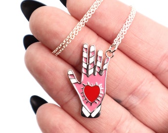 Hand Halskette Silber 925 | Emaille Statement Kette | Hamsa Hand Kette Silber | Hand Anhänger | Fatima Hand Schmuck | Kaballah Halskette