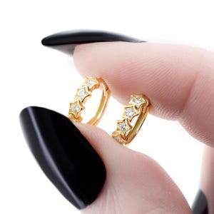 Sparkling Star Earrings Gold, Zirconia Huggie Hoop Earrings Gold plated 925 Silver, Dainty Zircon Star Hoops, Celestial Jewelry Gift for her