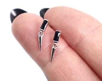 Dainty Spike Dangling Earrings Black Silver 925, Tiny Zirkonia