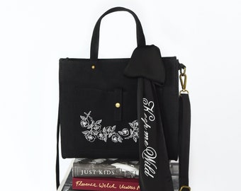 Handtasche Schwarz Damen | Canvas Tasche | Handtasche Vegan | Umhängetasche Damen | Gothic Tasche mit Schal | Schwarze Tasche Blumen