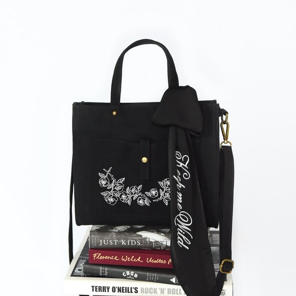 Handtasche Schwarz Damen | Canvas Tasche | Handtasche Vegan | Umhängetasche Damen | Gothic Tasche mit Schal | Schwarze Tasche Blumen