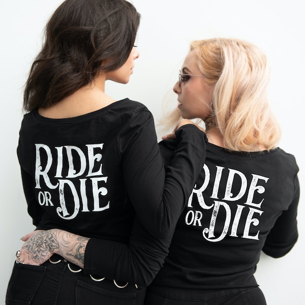 Cropped Long Sleeve 100% Cotton Ride or Die Skull | Black Long Sleeve | Long Sleeve Shirt | Gothic Crop Top | Gothic Pullover | BFF Shirts