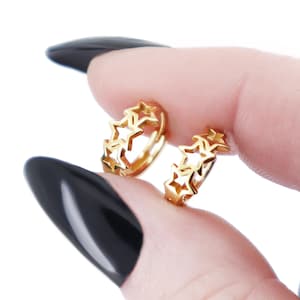 3 Star Earrings Gold, Dainty Huggie Hoop Earrings Gold plated 925 Silver, Tiny Star Hoops, Gothic Earrings, Celestial Jewelry Gift for her