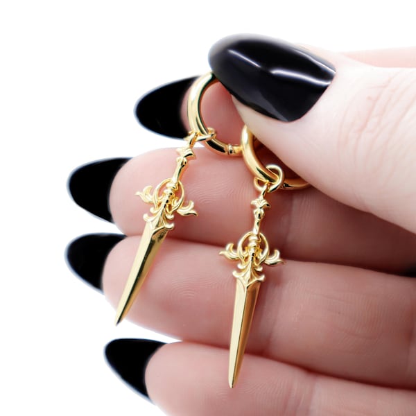 Sword Earrings Gold 14K 925 Silver, Ornament Dangle Dagger Huggie Earrings Gold, Huggie Hoop Earrings with Sword Charm, Gothic Jewelry Gift