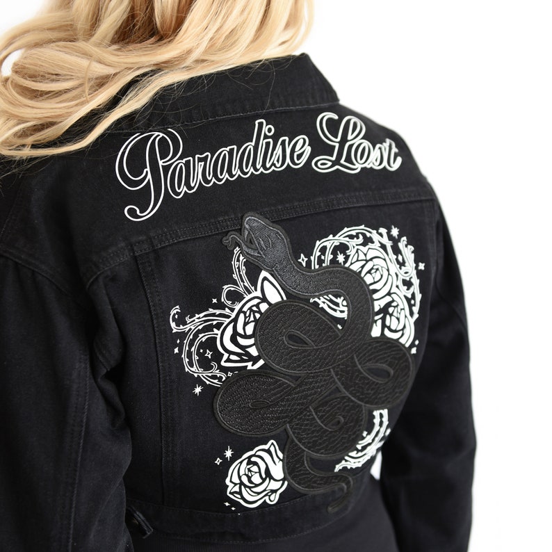 Painted Denim Jacket Snake Flowers Denim Crop Jacket Black Womens Jacket Black Jean Jacket Custom Denim Jacket Gothic Clothing image 2