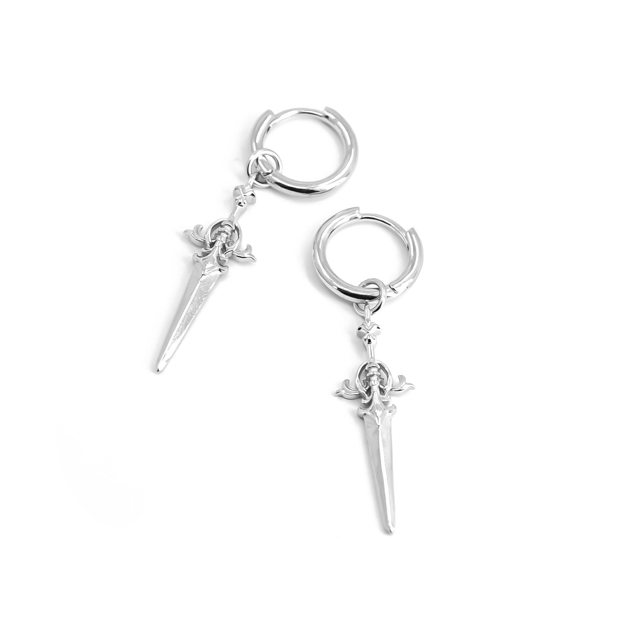 Sword Earrings Silver 925, Ornamental Dangle Dagger Huggie Earrings, Huggie Hoop Earrings with Sword Charm, Gothic Jewelry Gift for her