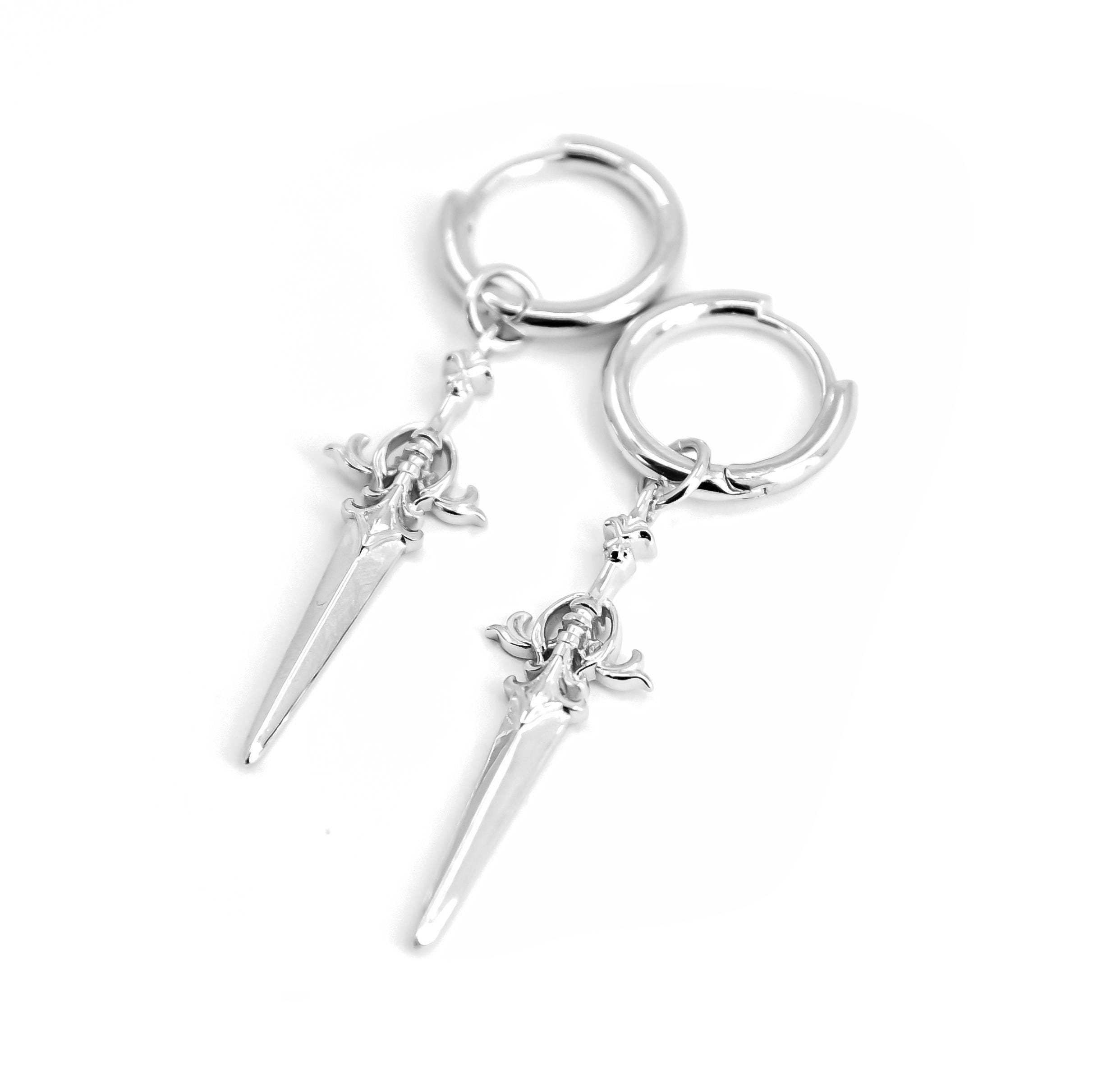 Sword Earrings Silver 925, Ornamental Dangle Dagger Huggie Earrings, Huggie Hoop Earrings with Sword Charm, Gothic Jewelry Gift for her