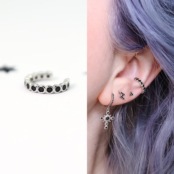 Black Crystal Ear Cuff no Piercing Silver 925 | CZ Ear Cuff | Ear Wrap Silver | Fake Ear Cuff | Ear Cuffs no Piercing | Non Pierced Ear Cuff