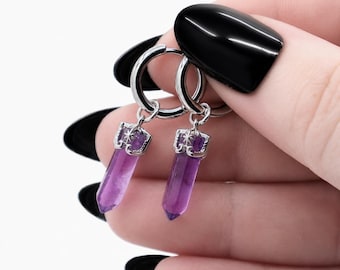 Pendientes de cristal de amatista en plata 925, pendientes de aro con piedra preciosa morada, pendientes colgantes góticos, joyería de cristal celestial, regalo para ella.