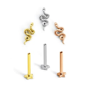 May include: An assortment of body jewelry, including snake and star-shaped labret studs. The snake studs are in gold, silver, and rose gold. The star studs are in gold, silver, and rose gold. The jewelry is displayed on a white background.