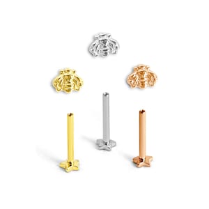 Può includere: Una collezione di orecchini a bottone a forma di ape e stella in oro, argento e oro rosa. Gli orecchini a forma di ape sono dettagliati con ali e corpo strutturati. I perni a forma di stella hanno una base piatta a cinque punte.