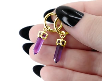 Pendientes de cristal de amatista dorados, pendientes de aro de piedra preciosa morada dorados, pendientes colgantes góticos, joyería de cristal celestial, regalo para ella