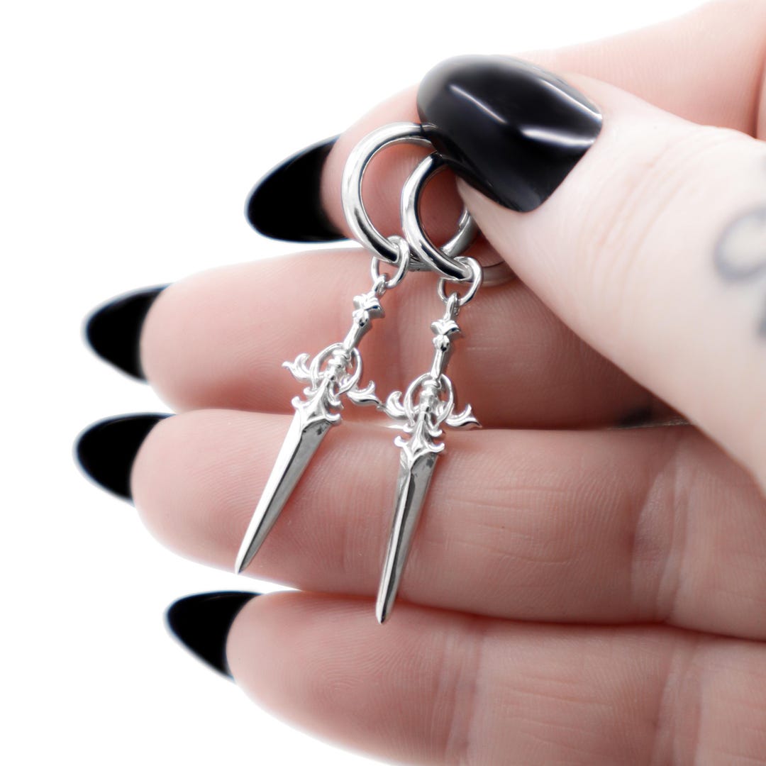 Sword Earrings Silver 925, Ornamental Dangle Dagger Huggie Earrings, Huggie Hoop Earrings with Sword Charm, Gothic Jewelry Gift for her