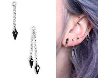 Chaîne de boucle d'oreille de cerf-volant noir en argent 925, boucles d'oreilles pendantes scintillantes noires, chaîne de boucle d'oreille pendante en zircon, chaîne de veste d'oreille fine, chaîne de piercing