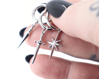 Pendientes colgantes modernos de plata 925, pendientes de estrella, pendientes de aro con pinchos, pendientes de aro con dije de espada, regalo de joyería gótica para ella.