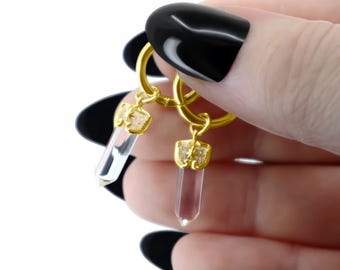 Pendientes de cuarzo transparente dorados, pendientes de aro con piedras preciosas dorados, pendientes colgantes de novia, joyería de cristal celestial, regalo para ella
