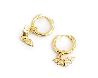 Bat Earrings Gold, Bat Hoop Earrings 14K Gold plated 925 Silver, Huggie Hoop Earrings with Bat Charm, Halloween Earrings, Gothic Jewelry