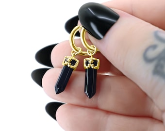 Pendientes de cristal de ónix dorados, pendientes de aro con gema negra dorada, pendientes colgantes góticos, joyería de cristal celestial, regalo para ella