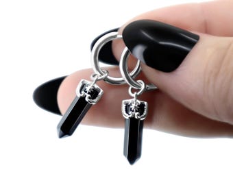 Pendientes de cristal de ónix en plata 925, pendientes de aro con gema negra, pendientes colgantes góticos, joyería de cristal celestial, regalo para ella.