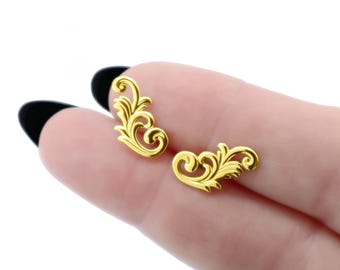 Pendientes trepadores de oro, pendientes de filigrana chapados en oro y plata 925, pendientes de botón llamativos góticos, pendientes trepadores barrocos, pendientes de oreja ornamentados.