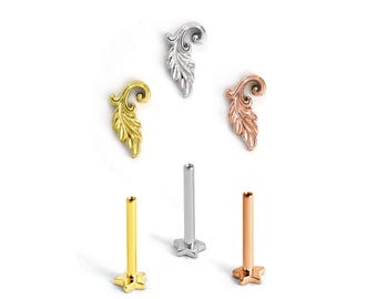 Pendientes planos con forma de hoja ornamentada, delicados pendientes de perforación con forma de hoja en plata, oro y oro rosa, pendientes de perforación de titanio, joyería gótica para hélix, regalo para ella.