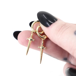 Sword Earrings Gold 14K 925 Silver, Dainty Dangle Dagger Huggie Earrings Gold, Huggie Hoop Earrings with Sword Charm, Gothic Jewelry Gift