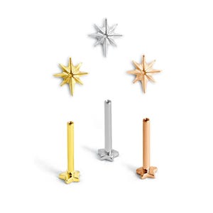 Könnte beinhalten: Ein Set aus drei sternförmigen Ohrsteckern und drei passenden Stäben mit flacher Rückseite. Das Set enthält Ausführungen in Silber, Gold und Roségold, wobei jedes Teil ein mehrzackiges Sterndesign mit einer polierten Oberfläche aufweist.