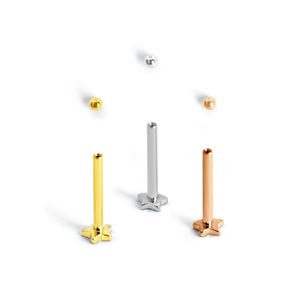 Könnte beinhalten: Drei Labret-Körperschmuckstücke mit flachen sternförmigen Basen und abnehmbaren Kugelaufsätzen. Ein Stück ist silberfarben, eines goldfarben und eines roségoldfarben. Jeder Stab ist gerade und hat ein Gewinde für den kugelförmigen Aufsatz.