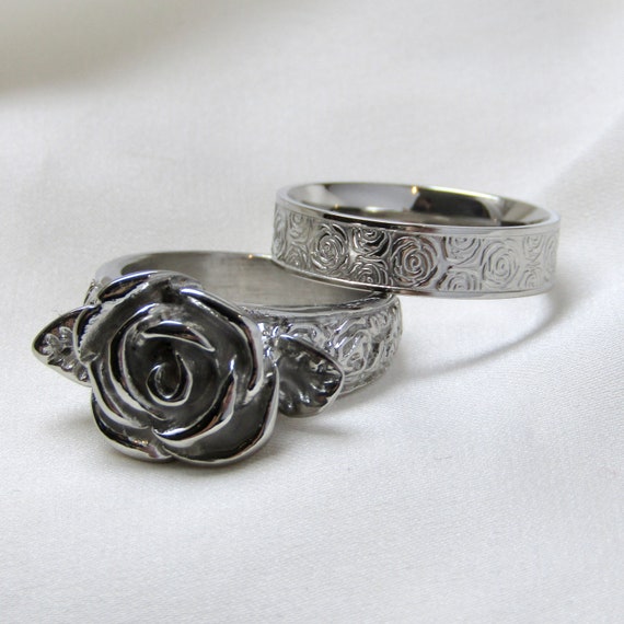 Stainless Steel Rose Signet and Band Ring Matching Set Etsy Canada