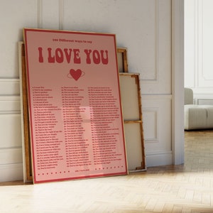 Large Size Retro I Love You Print | 100 Ways to Say I Love You | Valentines day Retro Quote | Red Pink Decor | Romantic Trendy wall art