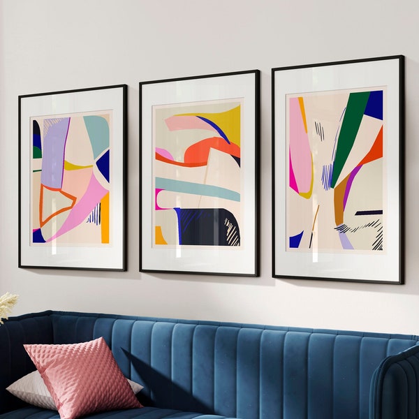 Printable Gallery Set of 3 Abstract Colorful Preppy Prints | Modern Aesthetic Pastel Colors Wall Decor | Abstract Geometric Large Size Art