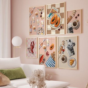 Set of 6 Food Art Prints | Coffee Breakfast Wine and Sea Food Illustration | Papaya Lobster Kitchen decor | Modern Colorful Dining room art
