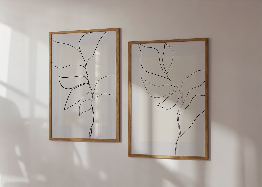 Fine Line Modern Botanical Set of 2 Large Size Minimalist Ink Brush