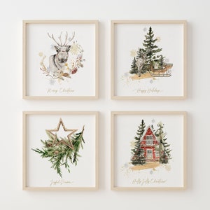 Christmas Gallery Set of 4 Square Prints Winter Forest Deer Star Pine ...