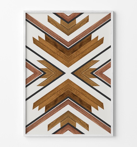 Set of 3 Aztec Boho Wooden Art Prints Natural Colors Geometric