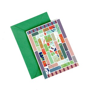 Carte de voeux originale inspirée de Bojagi, rouge et vert, formes abstraites et géométriques