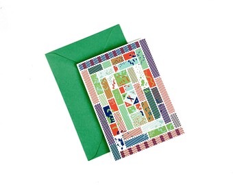 Original greeting card inspired by Bojagi, red and green, abstract and geometric shapes