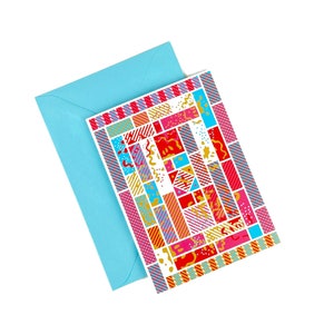 Carte de voeux originale inspirée de Bojagi, rouge et bleu, formes abstraites et géométriques