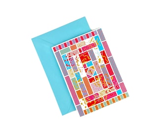 Original Bojagi-inspired greeting card, red and blue, abstract and geometric shapes