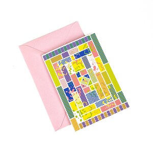 Carte de voeux originale inspirée de Bojagi, jaune et bleu, formes abstraites et géométriques