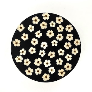 May include: A round, black decorative piece adorned with numerous small, white flowers. The flowers are evenly spaced across the surface, creating a delicate and natural pattern. The piece is set against a plain white background.