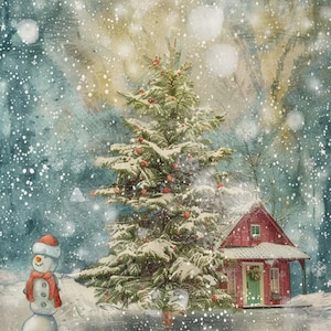 Cabina di Natale innevata con Frosty il pupazzo di neve – Stampa artistica digitale Winter Wonderland da 16&quot; x 24&quot;
