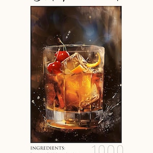 Old Fashioned Cocktail Recipe Art Print – 16x24&quot; Vintage-Style Digital Download – Classic Drink Wall Decor – Bar Cart or Kitchen Poster