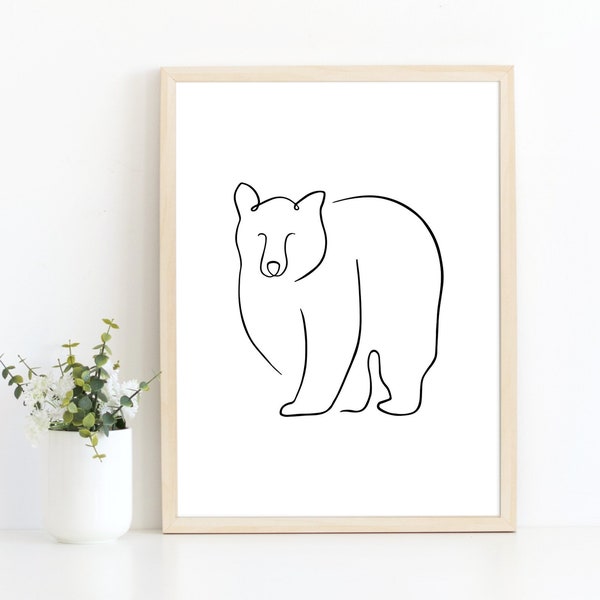 Bear line drawing, printable wall art, modern line art, animal drawing, nursery wall art, black & white, printable poster