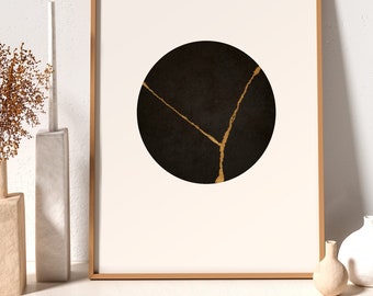 Japanese Minimalist Art Print, Kintsugi, Japandi Abstract Wall Art, Printable Art Poster, Zen Wall Art, Black Gold Modern Art Print