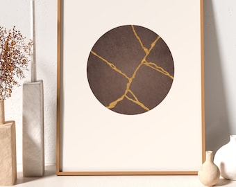 Impression d'art minimaliste japonais, Kintsugi, art mural abstrait Japandi, affiche d'art imprimable, art mural zen, brun chocolat et or