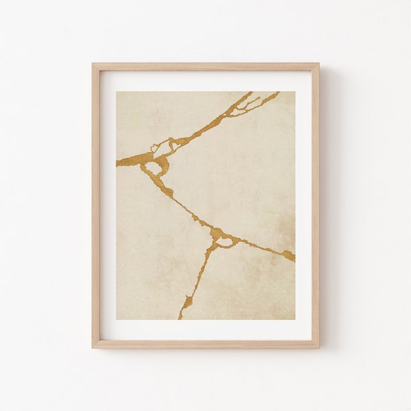 Kintsugi Japanese Minimalist Art Print No. 3, Japandi Abstract Printable Wall Art, modern art print, Japan Skandi style, Offwhite & Gold