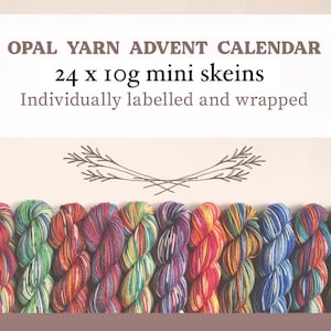 May include: An Opal Yarn Advent Calendar featuring 24 mini skeins, each 10g. The image displays a variety of colorful yarn bundles, individually labeled and wrapped. The yarn colors include shades of red, green, blue, and yellow.